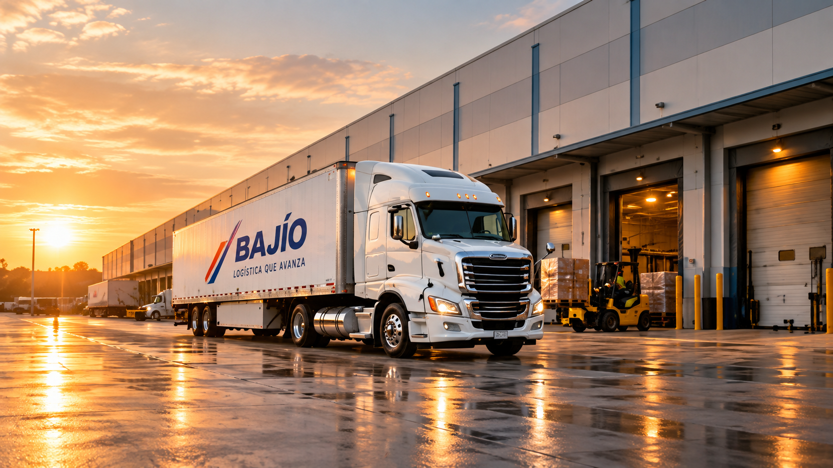 Trailer de Bajío Logistics frente a un centro logístico